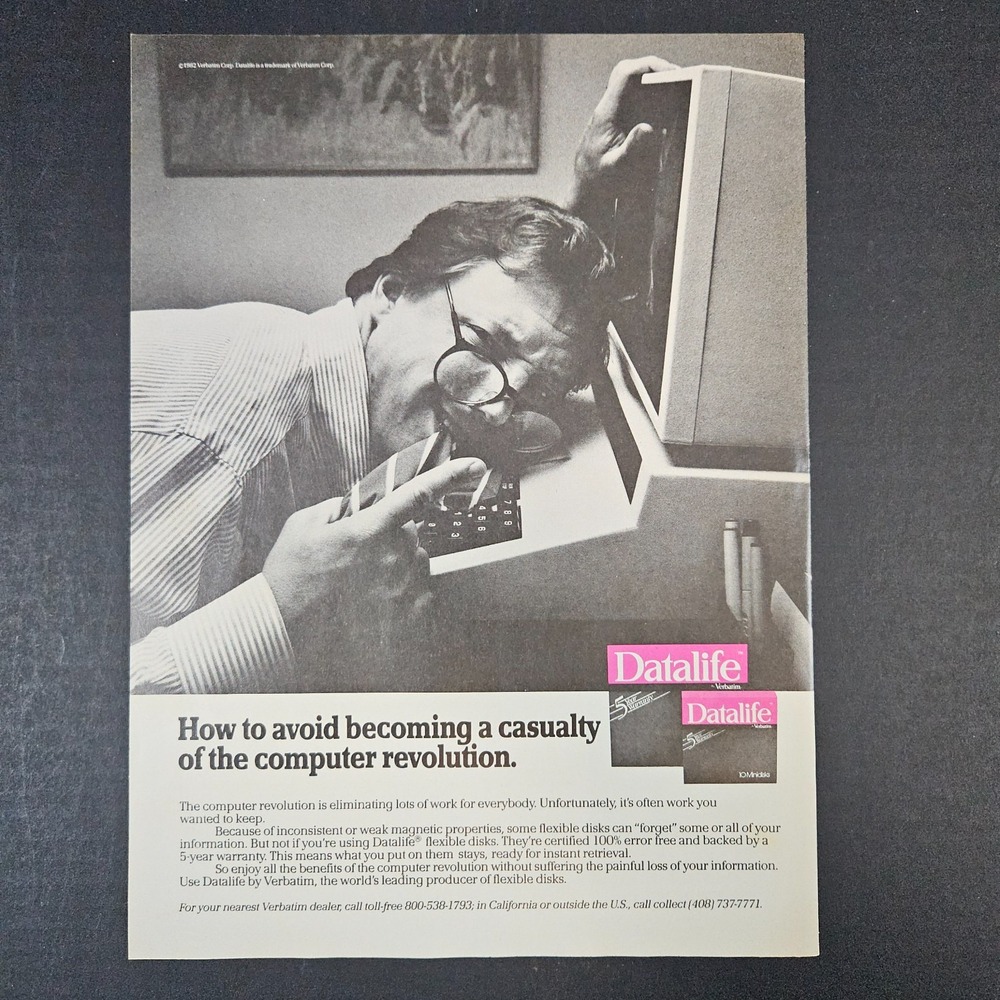 1982 Verbatim Datalife Flexible 5.25 5 1/4 Disk Storage Vintage Print Ad‎ Office